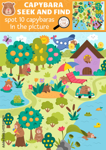 Vector capybara searching game with summer landscape, garden, house, pond, tangerine. Spot hidden animals in the picture. Simple capibara seek and find educational printable activity for kids