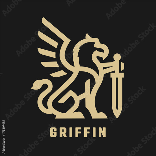 Griffin with sword logo on a dark background.