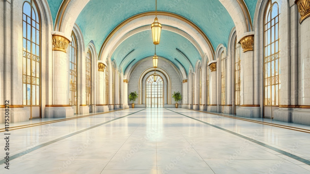 Obraz premium Elegant Interior of a Grand Hallway with Arched Windows and Sky Blue Ceiling