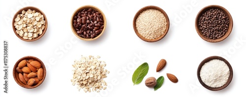 Assorted Nuts Seeds Grains and Flour in Bowls photo