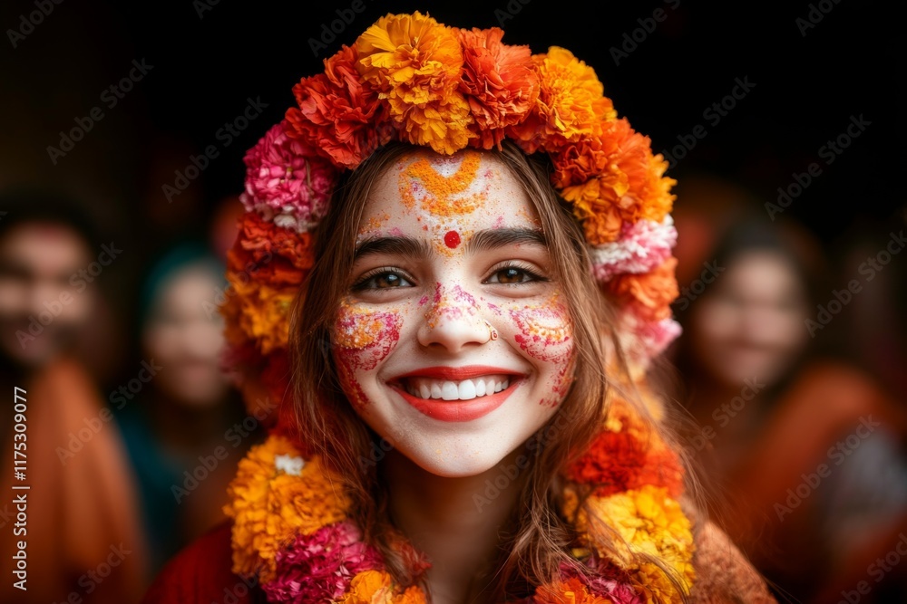 A colorful festival scene with a Krishna idol adorned in floral garlands, being carried in a grand procession A colorful festival scene with a Krishna idol adorned in floral garlands, being carried in a grand procession