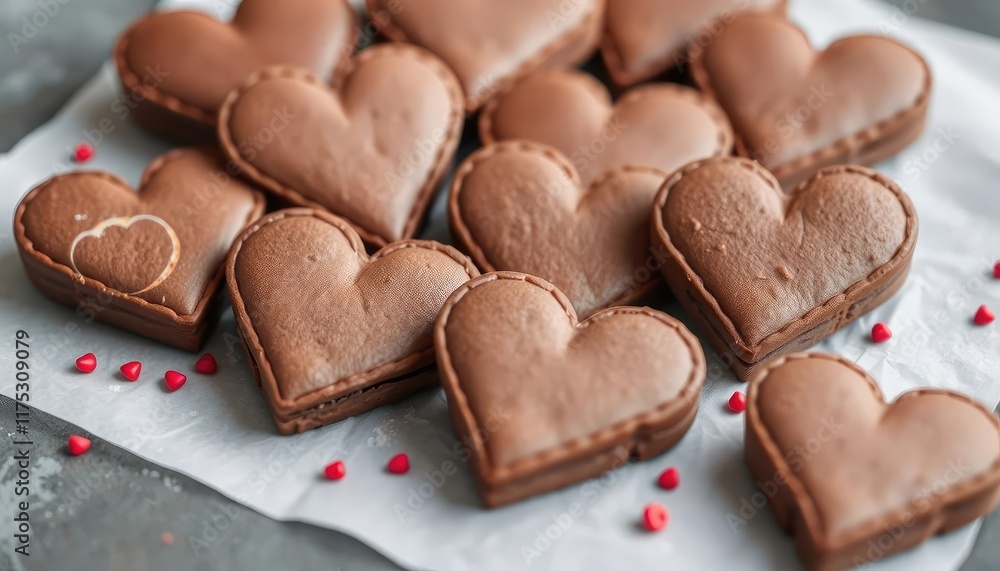 Heart-shaped chocolate cookies on parchment paper Heart-shaped chocolate cookies on parchment paper