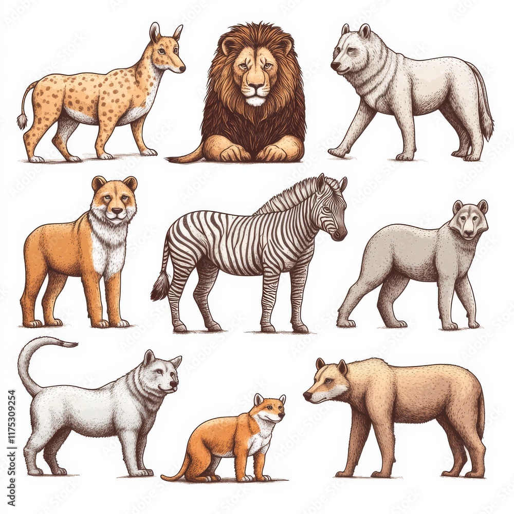Naklejka premium Vintage wild animals including a wild gorilla, moose, or eurasian elk, camel, deer, rhinoceros, hare, wolf, bear, lion, and tiger are hand-drawn in an old sketch style, presented in a side view