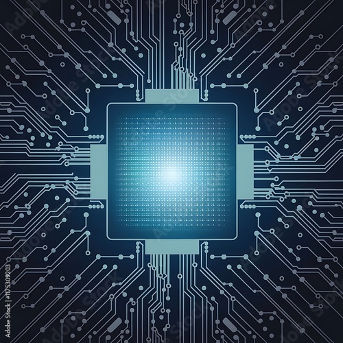 A glowing microchip at the center of an intricate network of circuit lines, representing advanced technology