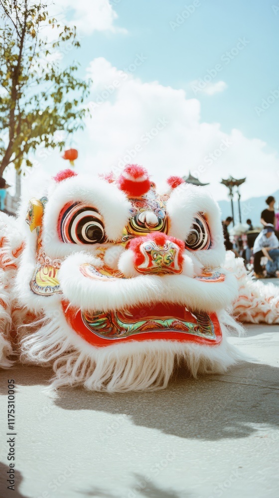 Obraz premium Lunar new year lion dance troupe resting during festive celebration.