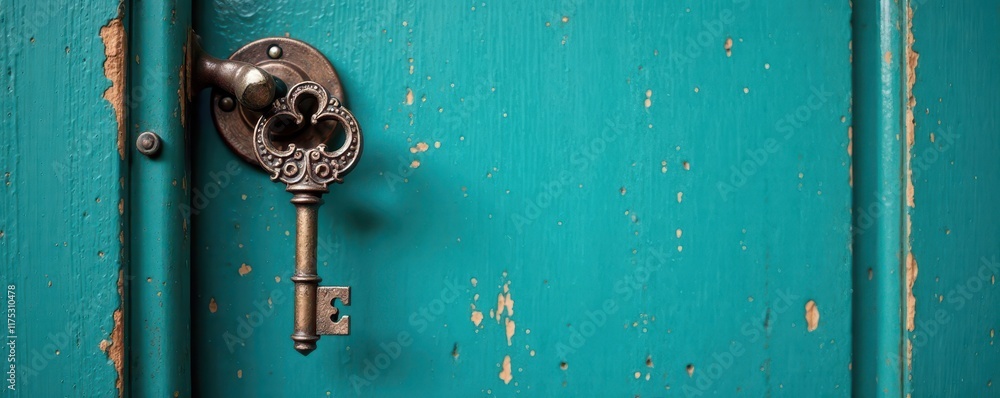 Fototapeta premium Old skeleton key hangs from wooden door with teal blue finish , interior, teal