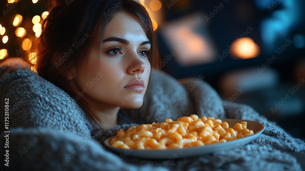 Woman watching TV, eating pasta, cozy home, night. Woman watching TV, eating pasta, cozy home, night.
