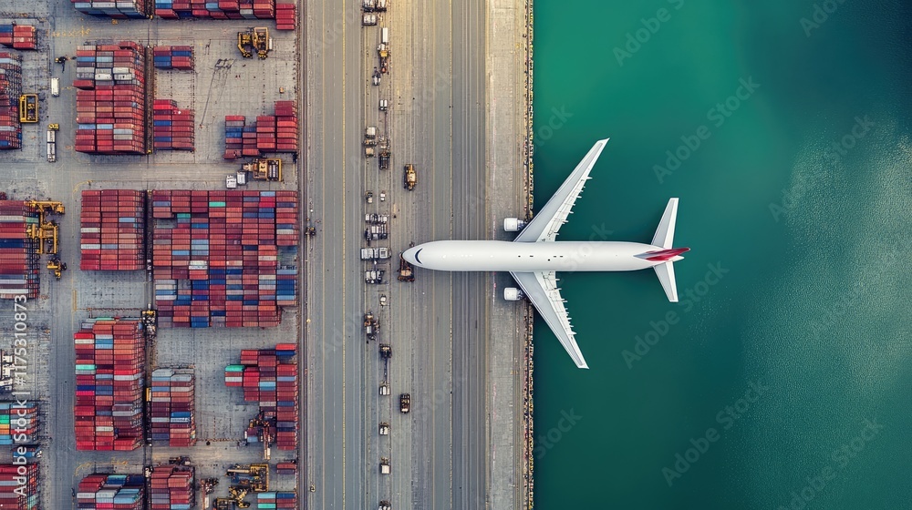 Cargo aircraft and container ship side by side in a busy industrial port, symbolizing integrated global supply chains and efficient logistics Cargo aircraft and container ship side by side in a busy industrial port, symbolizing integrated global supply chains and efficient logistics