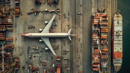 Cargo aircraft and container ship side by side in a busy industrial port, symbolizing integrated global supply chains and efficient logistics photo