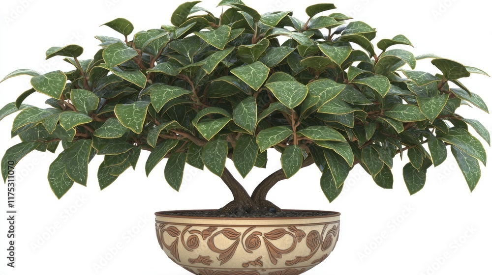 A decorative bonsai tree in an ornate pot, symbolizing tranquility. A decorative bonsai tree in an ornate pot, symbolizing tranquility.