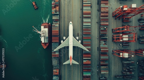 Cargo aircraft and container ship side by side in a busy industrial port, symbolizing integrated global supply chains and efficient logistics photo