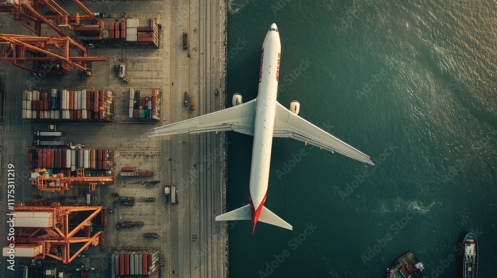 Cargo aircraft and container ship side by side in a busy industrial port, symbolizing integrated global supply chains and efficient logistics Cargo aircraft and container ship side by side in a busy industrial port, symbolizing integrated global supply chains and efficient logistics