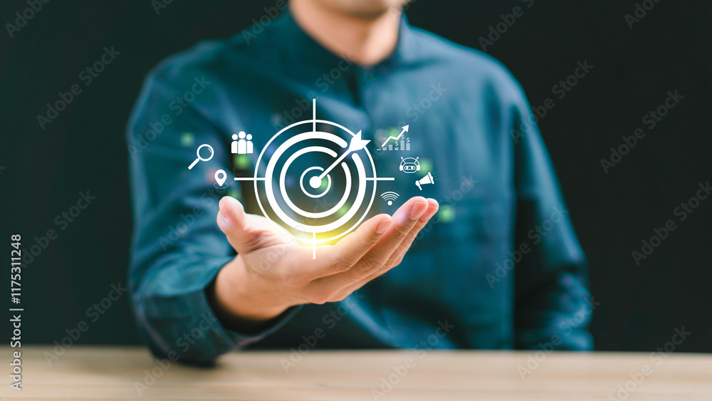 Business target arrow digital marketing concept, customer engagement, and global reach. strategies such as SEO, social media, e-commerce, and online advertising for sales growth and global connections