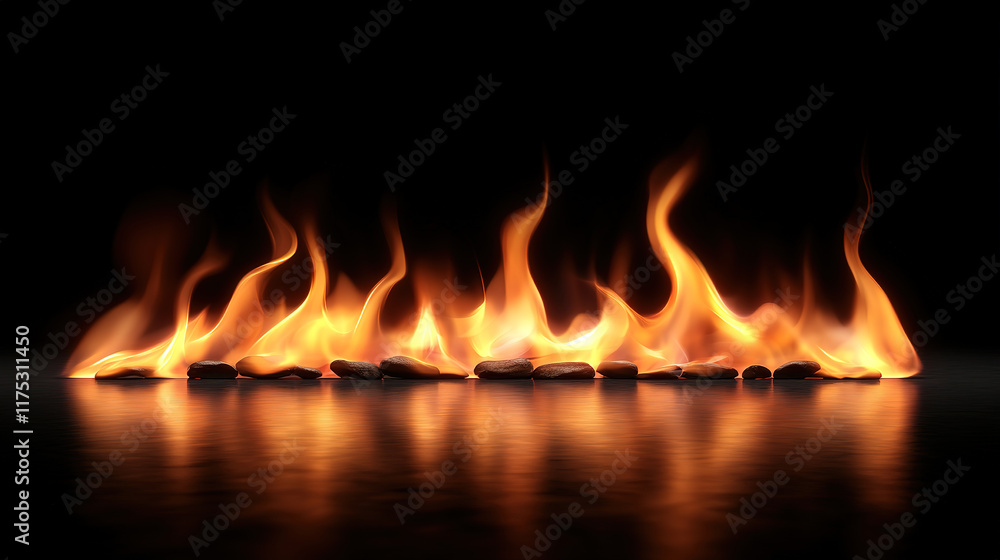 Vivid fire flames dancing on a deep black background Vivid fire flames dancing on a deep black background