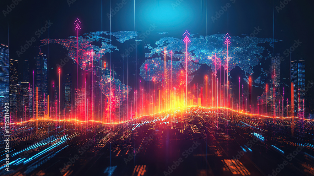 Obraz premium Business Chart with Glowing Arrows and World Map, Representing Global Market Trends