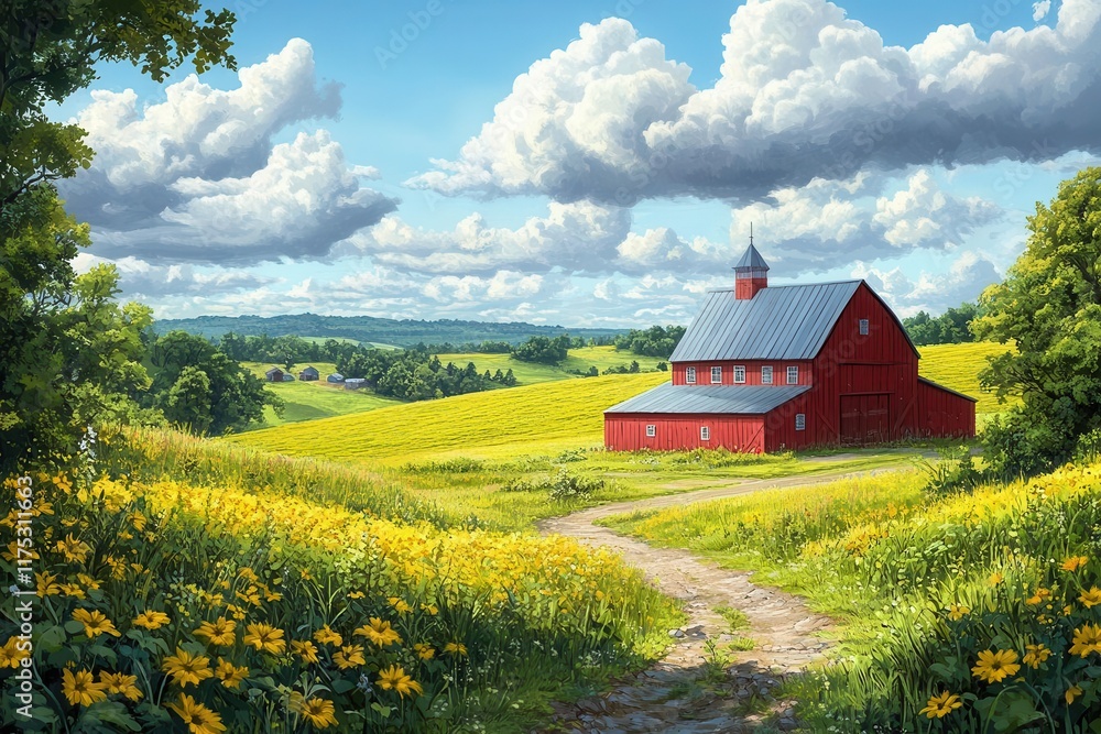 cartoonstyle farm backdrop featuring a vibrant barn and lush green fields encapsulating the charm of rural life and agricultural beauty inviting nostalgia and whimsy
