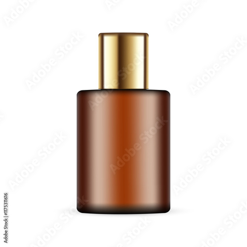 Amber Perfume Bottle Mockup With Golden Cap, Front View, Isolated On White Background. Vector Illustration