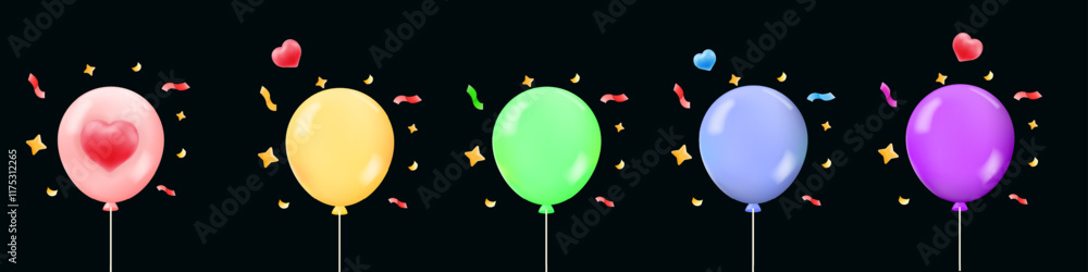 Obraz premium set of helium Colorful balloons in pink, yellow, green, blue, and purple with confetti and hearts, party wedding, celebrations, festive graphic, valentine day's, birthday