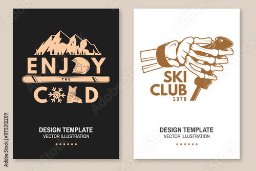 Set of ski winter sport flyer, poster, banner with mountain, ski, helmet, ski boot, skeleton hand holding ski pole. Family vacation, activity or travel. For logo design, patches. Vector
