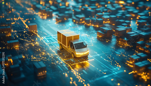 AI-driven logistics innovation: boxed delivery speeding across a digital world map AI Generated