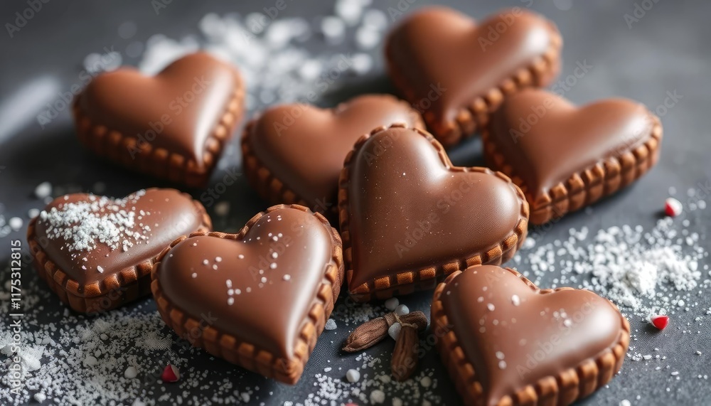 Heart-shaped chocolate cookies on dark surface Heart-shaped chocolate cookies on dark surface