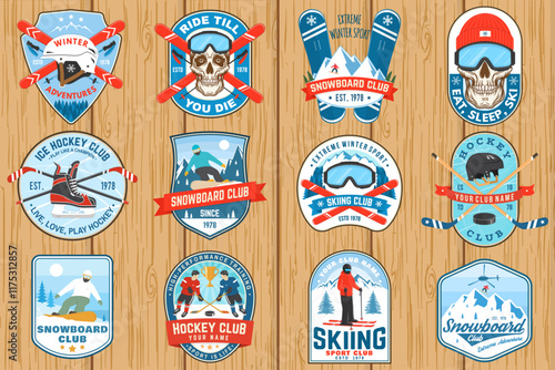 Set of Ice Hockey club, ski and Snowboard Club sport retro badge, patch with ski glasses, hockey player, sticker, puck, skeleton, winter sport hat, skate, helmet, snowboarder and mountain.