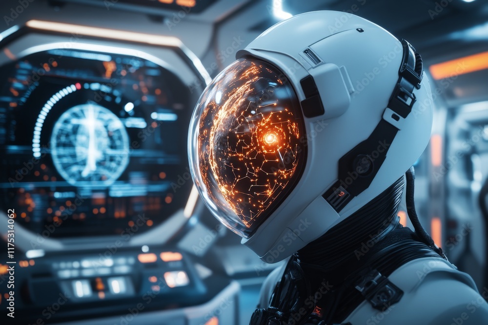 Fototapeta premium A glowing alien artifact being studied in a futuristic lab, surrounded by scientists in high-tech suits
