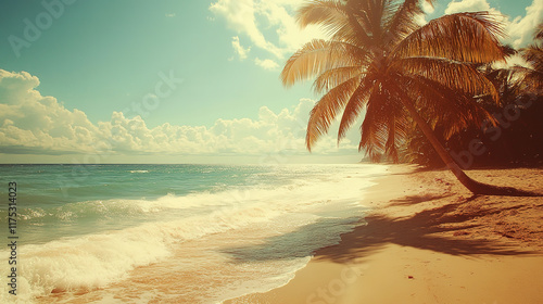 Tropical island beach with palm trees and a film-distressed vintage effect