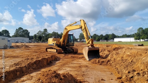 Wallpaper Mural A yellow excavator working on a construction site with earth and clouds in the background. Torontodigital.ca
