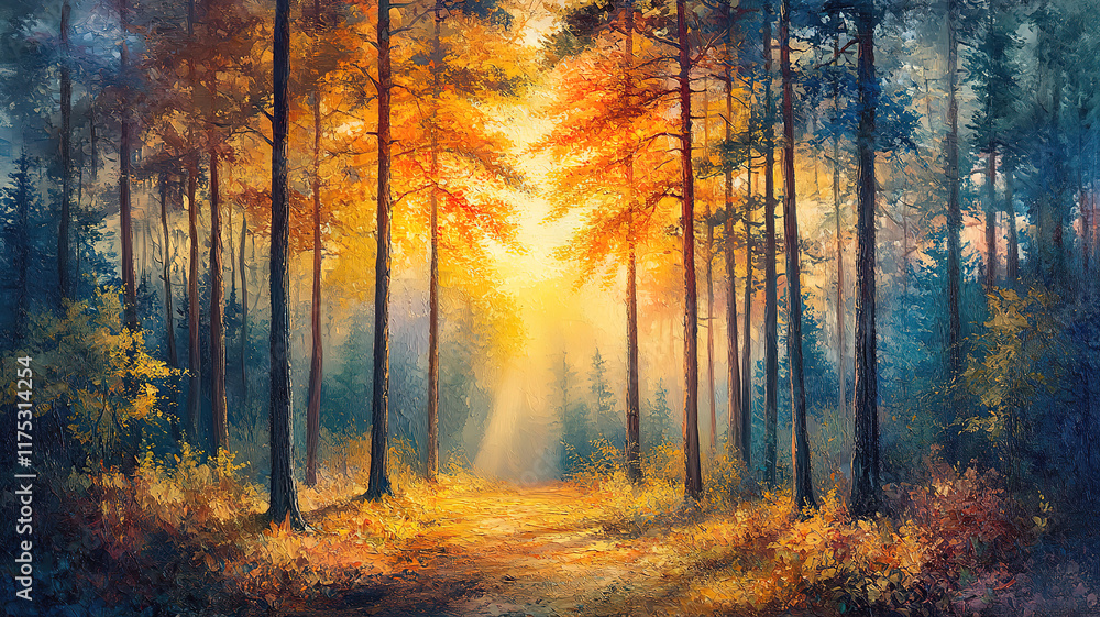 Fototapeta premium Sun rays illuminating a lush forest landscape in a panoramic view