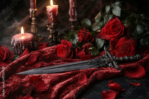 Fototapeta Naklejka Na Ścianę i Meble -  A gothic dagger with a jagged blade, resting on a velvet cloth surrounded by blood-red roses and candlelight