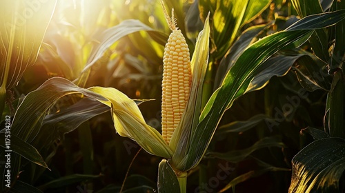 Golden corn cob in field, sunset. Agriculture harvest, food production. photo