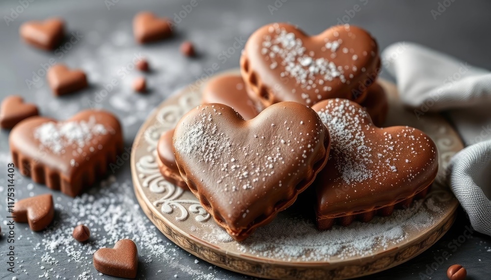 Heart-shaped chocolate cookies on plate, sweet treat, dessert Heart-shaped chocolate cookies on plate, sweet treat, dessert