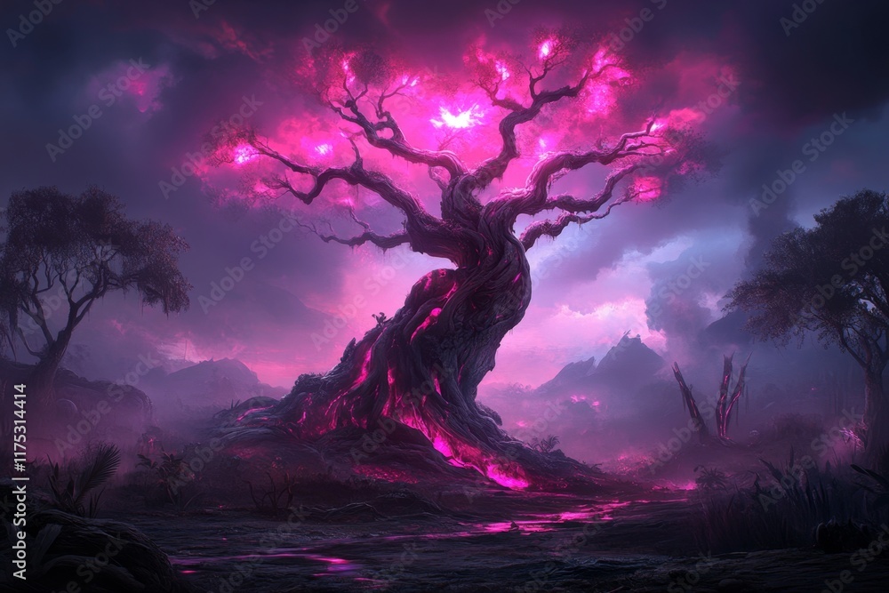 Obraz premium A gothic depiction of Pandora jungle at night, with shadowy trees and faintly glowing plants creating a mysterious atmosphere