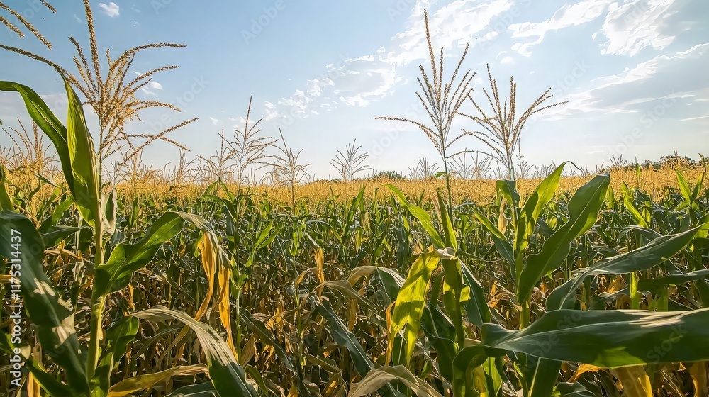 Obraz premium Golden cornfield under sunny sky, ripe harvest, rural landscape, agricultural background, food production.