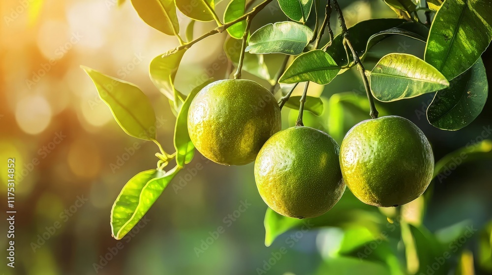 Green oranges on branch, orchard sunrise. Green oranges on branch, orchard sunrise.