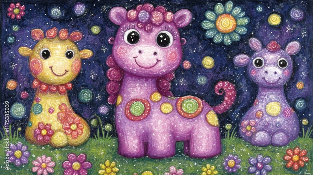 Three Adorable Cartoon Giraffes in a Night Garden Setting Three Adorable Cartoon Giraffes in a Night Garden Setting