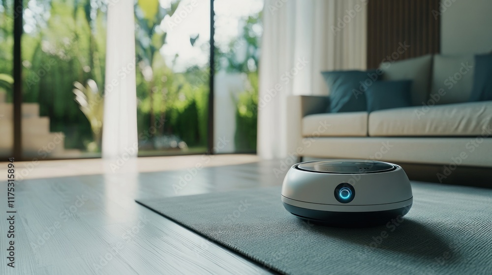 Smart Home Device on Modern Living Room Floor Smart Home Device on Modern Living Room Floor