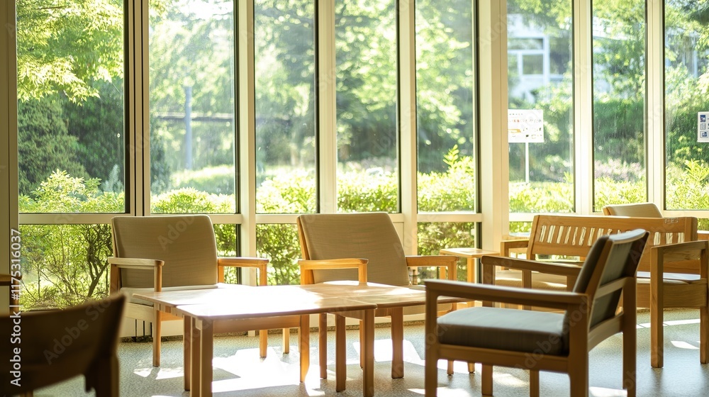Empty retirement home common area with unoccupied chairs and quiet surroundings, reflecting solitude and the passage of time in aging communities. Empty retirement home common area with unoccupied chairs and quiet surroundings, reflecting solitude and the passage of time in aging communities.
