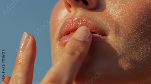 serene close up of person applying lip balm, showcasing smooth lips and gentle touch against clear blue sky. image captures moment of self care and beauty photo