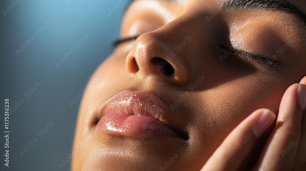 serene expression of woman gently patting her face, showcasing healthy skin and moment of self care. soft lighting enhances peaceful atmosphere