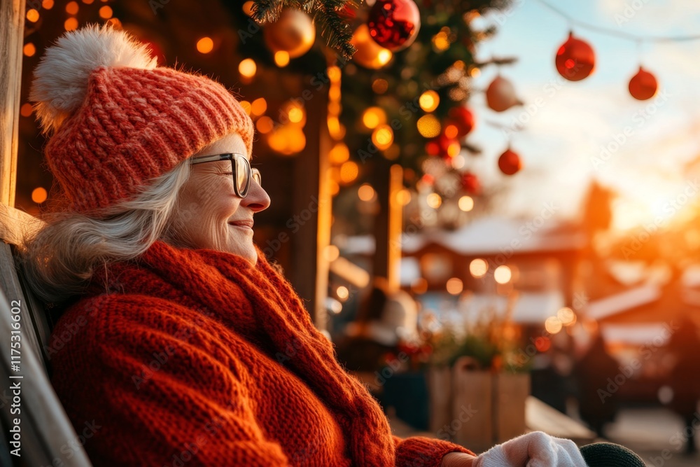 Obraz premium A knitter at a holiday market, with snowflakes falling, a festive atmosphere, bright knitted items, and cheerful lights