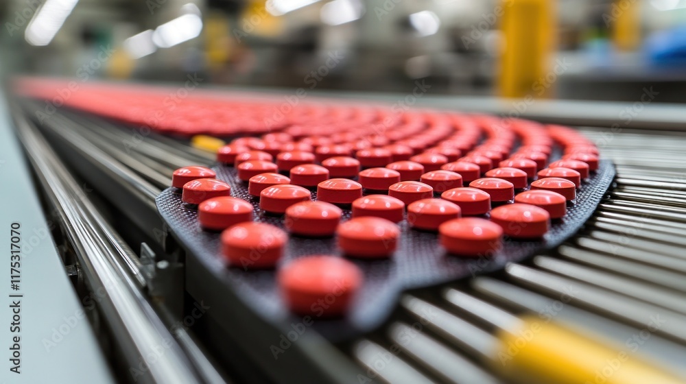 Obraz premium Red pills on conveyor belt in pharmaceutical factory.