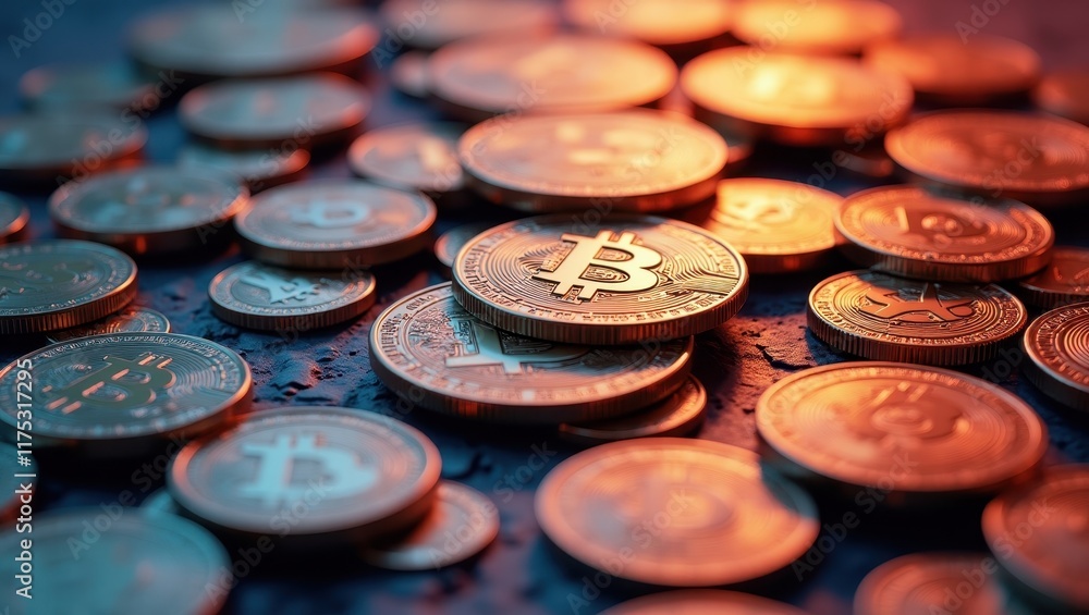 Vibrant display of creative bitcoin coins shimmering with light at dusk Vibrant display of creative bitcoin coins shimmering with light at dusk