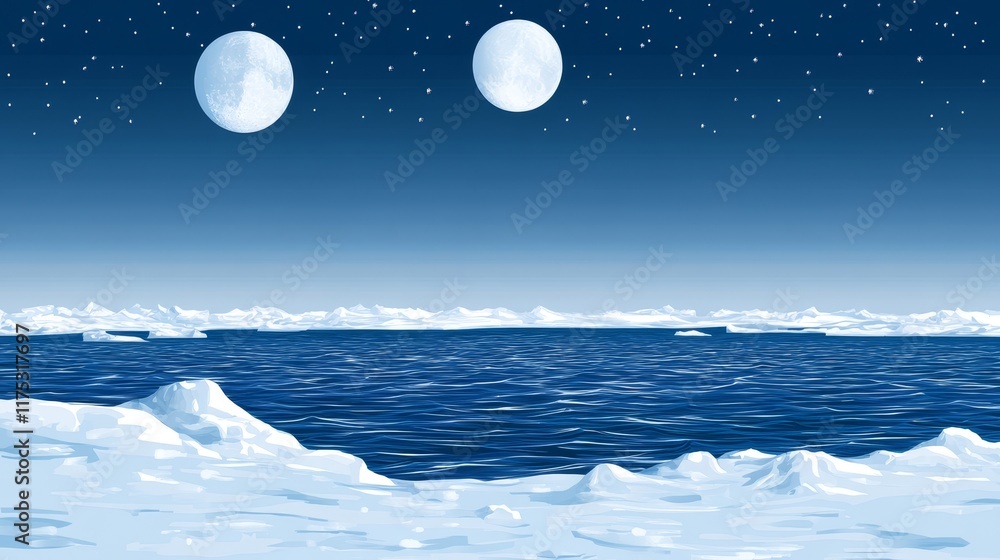 Naklejka premium Three luminous moons illuminate a tranquil arctic ocean scene at night