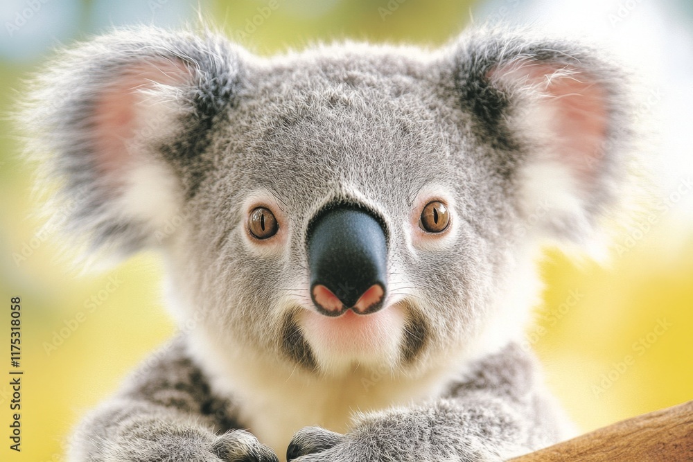 Naklejka premium A koala gazing at the horizon while perched on a tall eucalyptus tree, with an expansive blue sky behind it