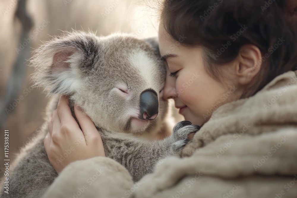 A koala interacting with a wildlife researcher, who is gently holding its paw during a conservation effort A koala interacting with a wildlife researcher, who is gently holding its paw during a conservation effort