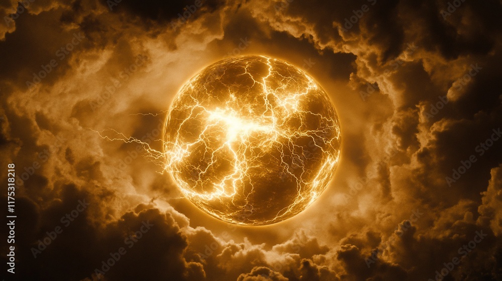 Fototapeta premium Fiery Celestial Orb Amidst Storm Clouds: A Digital Artwork