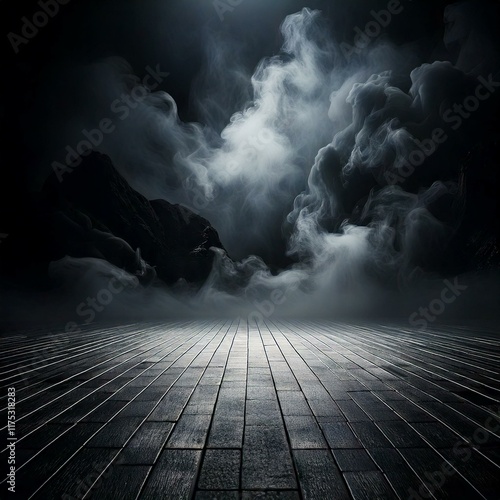 a black background, dramatic lighting and smoke