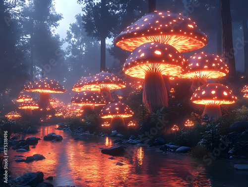 Glowing mushrooms illuminate a mystical forest stream at night. photo